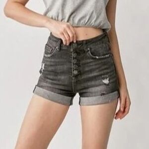 NWT RISEN Jeans High-Waist Distressed Rolled Buttonfly Denim Shorts - Black